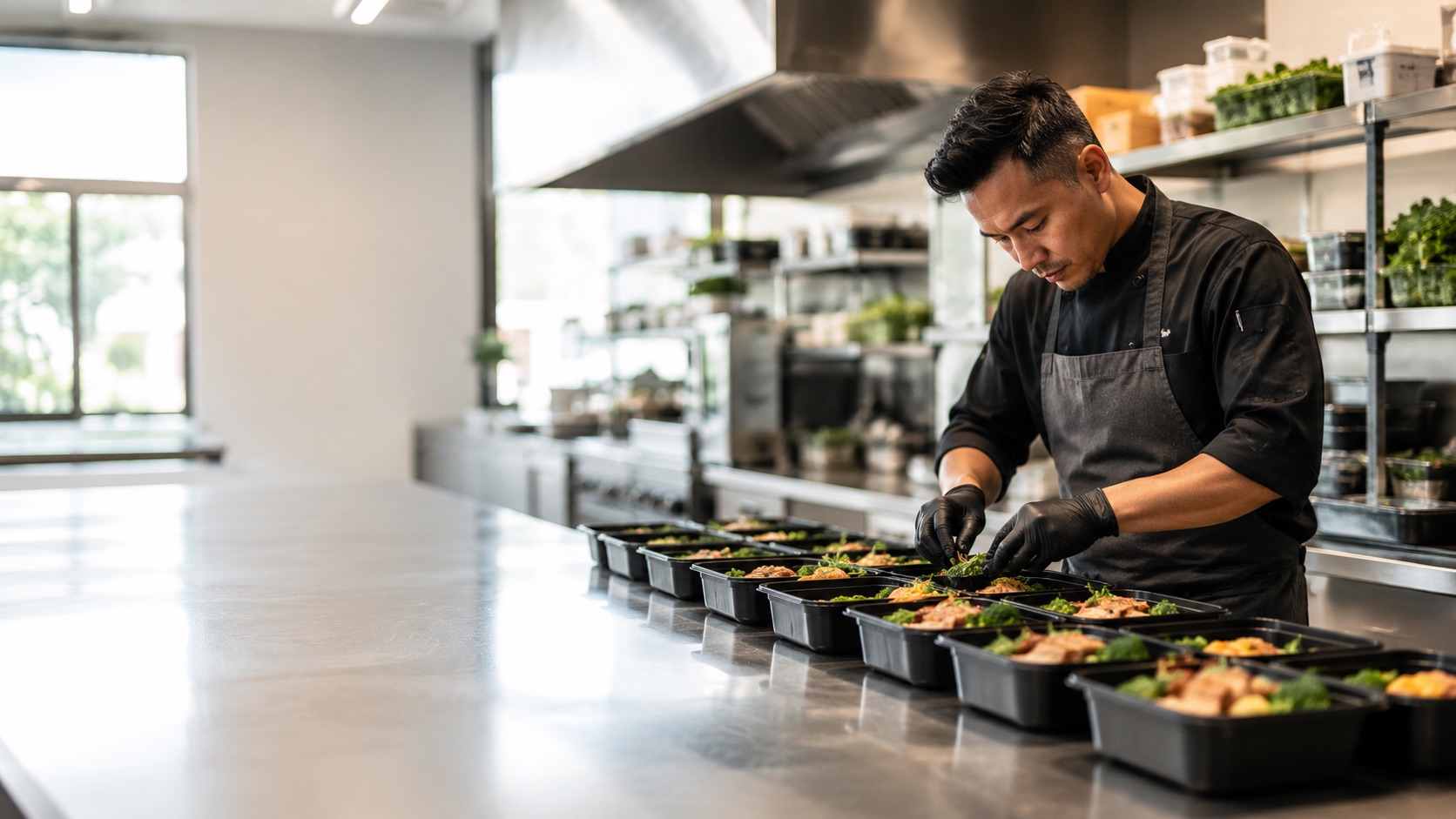 A chef plating meal-prep containers on a stainless kitchen line
