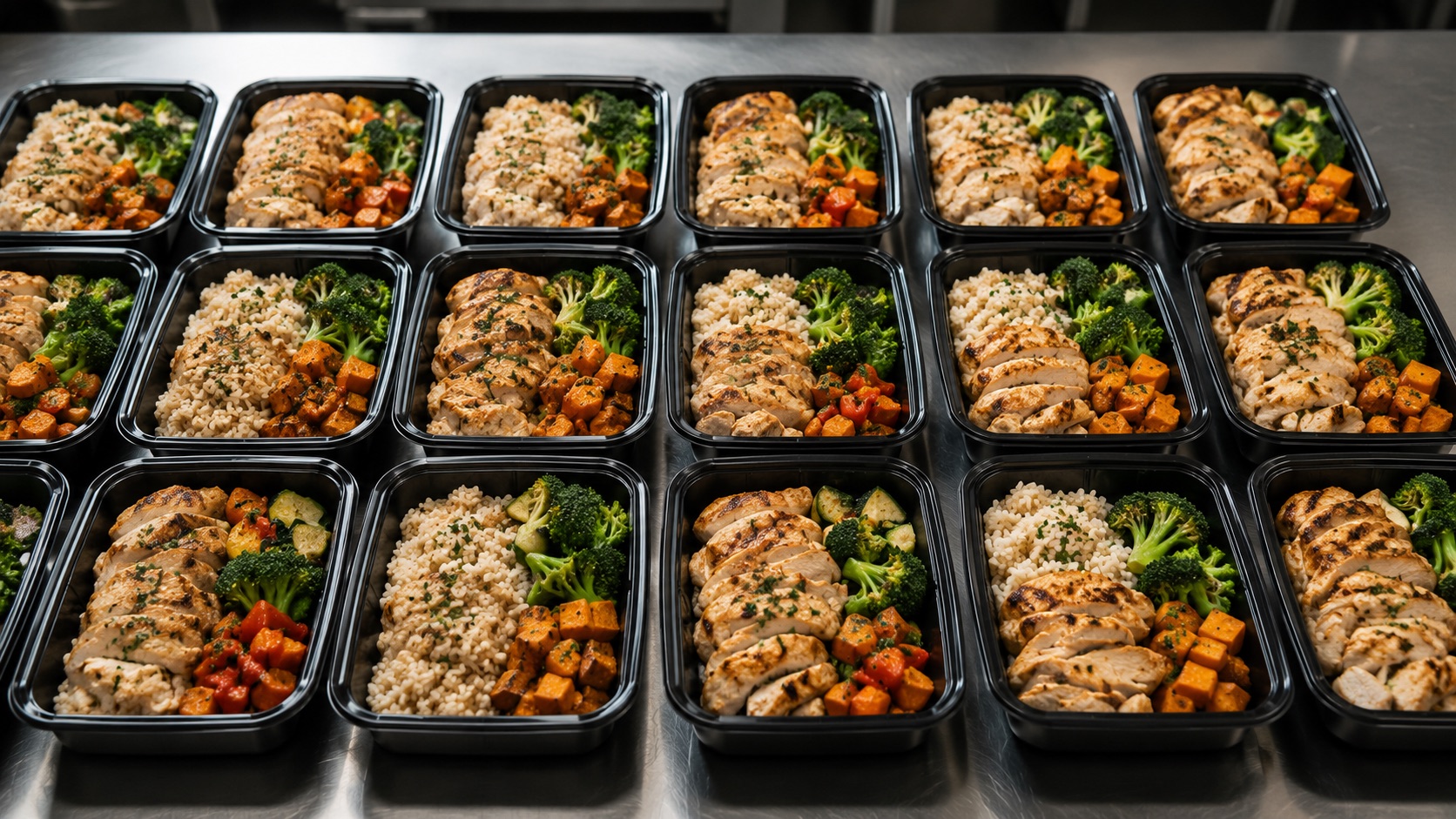 Trays of prepared meals on a commercial kitchen line