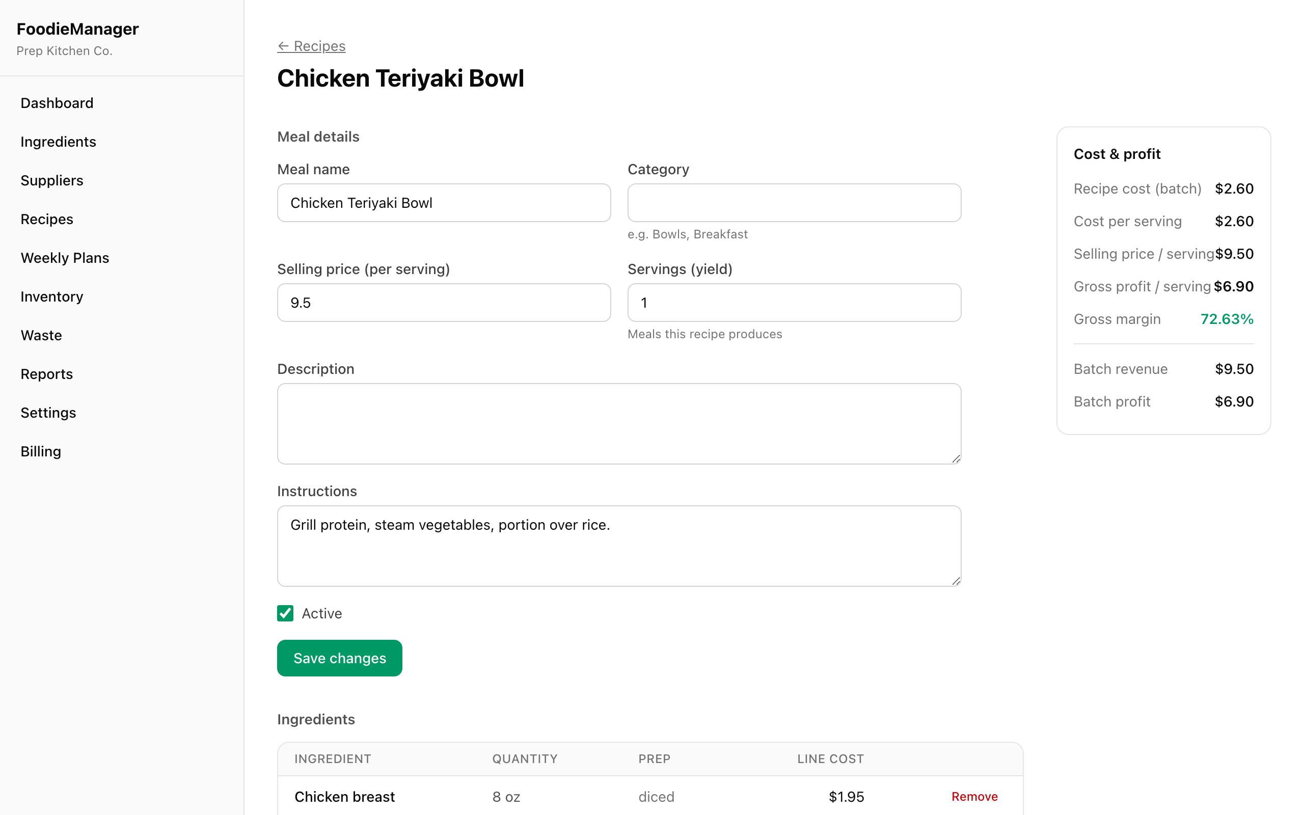 Recipe costing with live gross margin