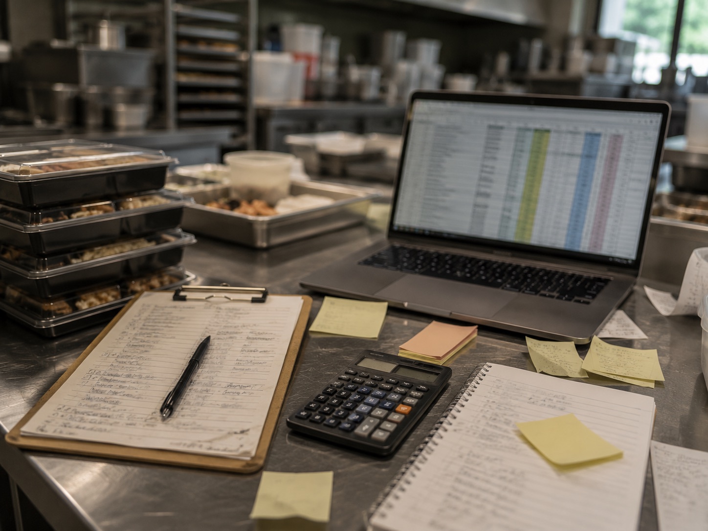 The manual way — a clipboard, calculator, sticky notes and a spreadsheet on a kitchen bench